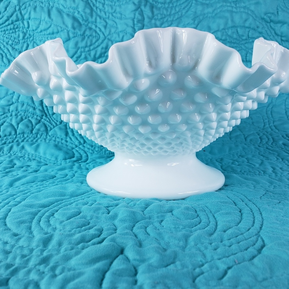 White Milk Glass Hobnail Ruffled Crimped Edge Bowl